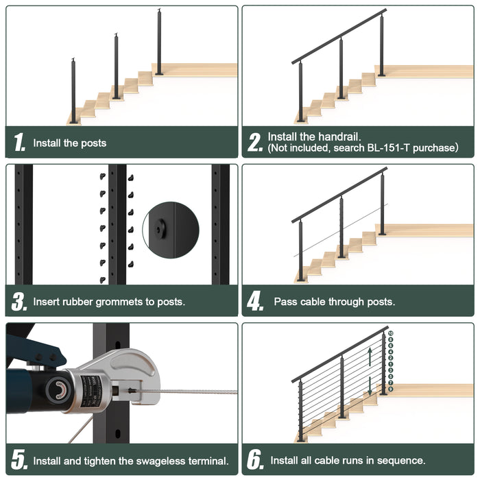 BLIKA 36'' Black Surface Mount Stair Cable Railing  DIY Kit