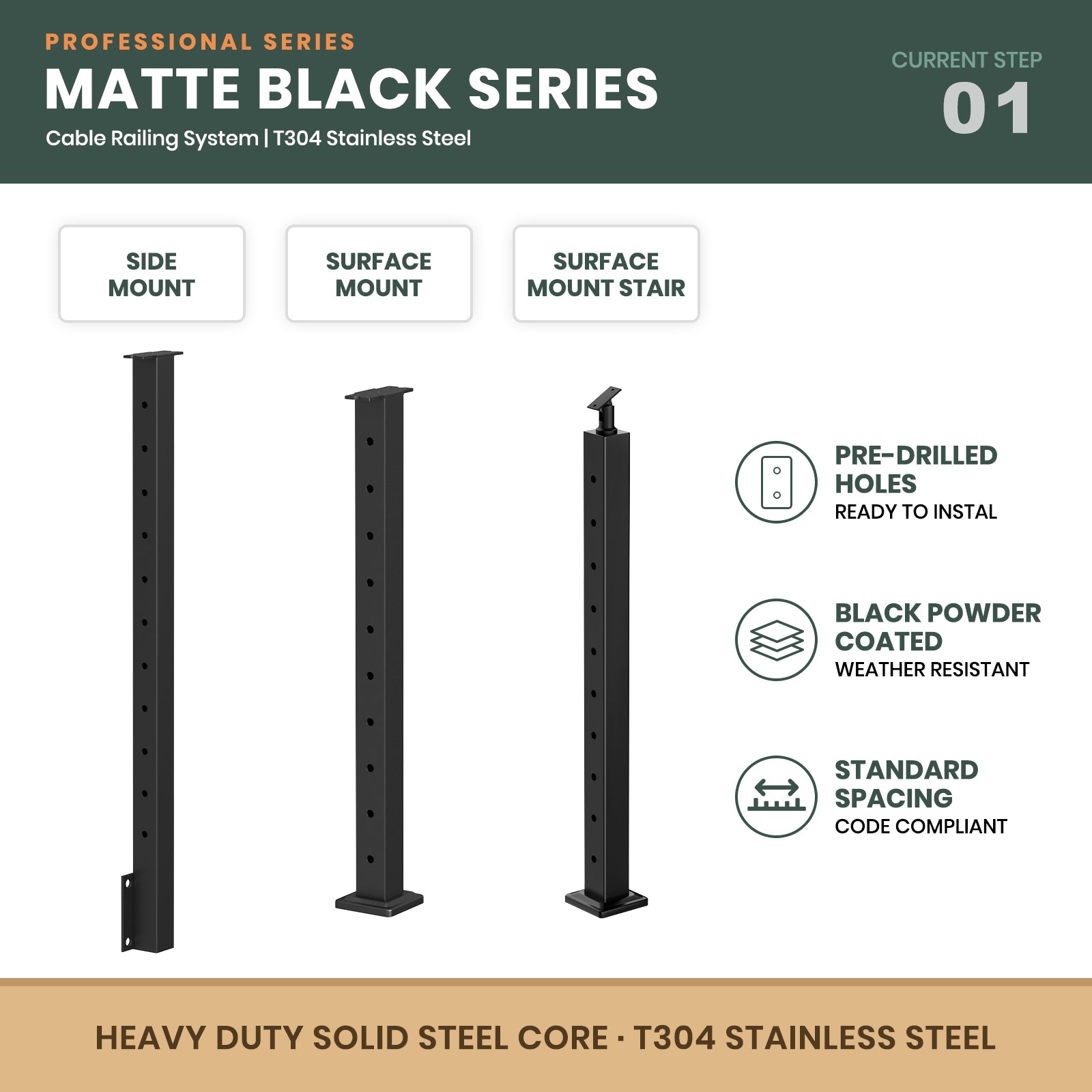 BLIKA Matte Black Cable Railing Posts for side and surface mount. T304 stainless steel, pre-drilled, weather-resistant powder coated metal posts.