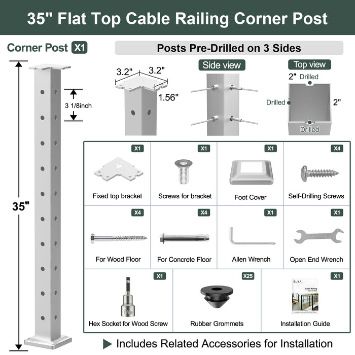BLIKA 36" Level Drilled Brushed Stainless Steel Cable Railing Corner Post