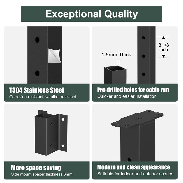BLIKA 36" Level Drilled Side Mount Post with Bracket for Cable Railing