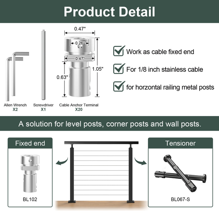 BLIKA 1/8" Swageless Cable Railing Anchor Terminal