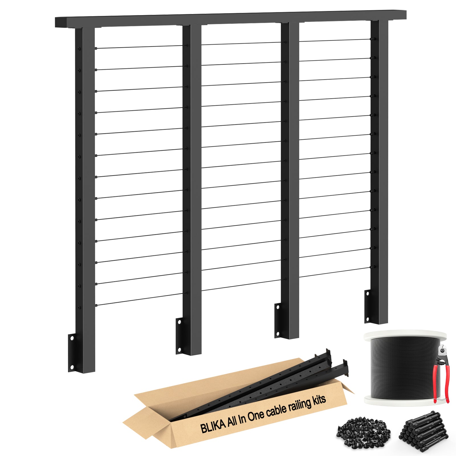 BLIKA 42'' Black Side Mount Cable Railing System DIY Kit (4FT - 20FT, Level Drilled)