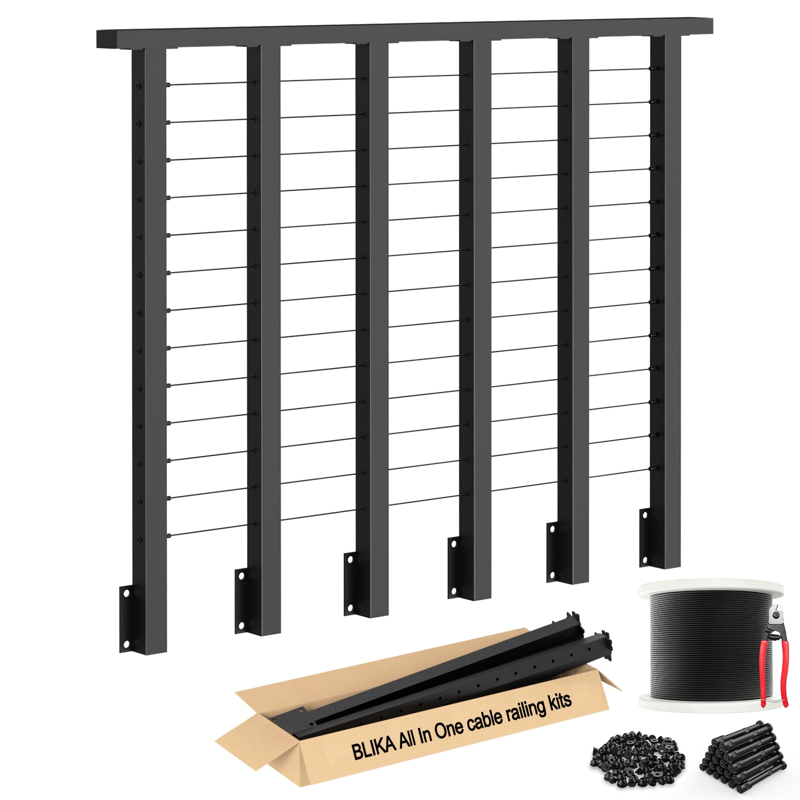 BLIKA 42'' Black Side Mount Cable Railing System DIY Kit (4FT - 20FT, Level Drilled)
