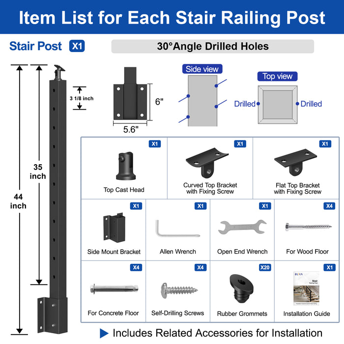 BLIKA 36" Angle Drilled Side Mount Post with Bracket for Cable Railing