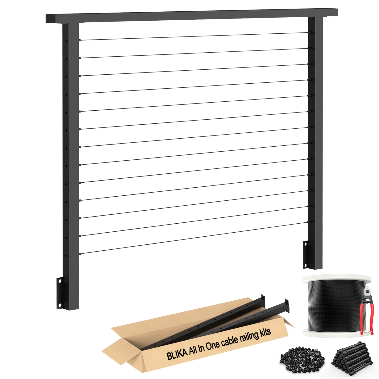 BLIKA 42'' Black Side Mount Cable Railing System DIY Kit (4FT - 20FT, Level Drilled)