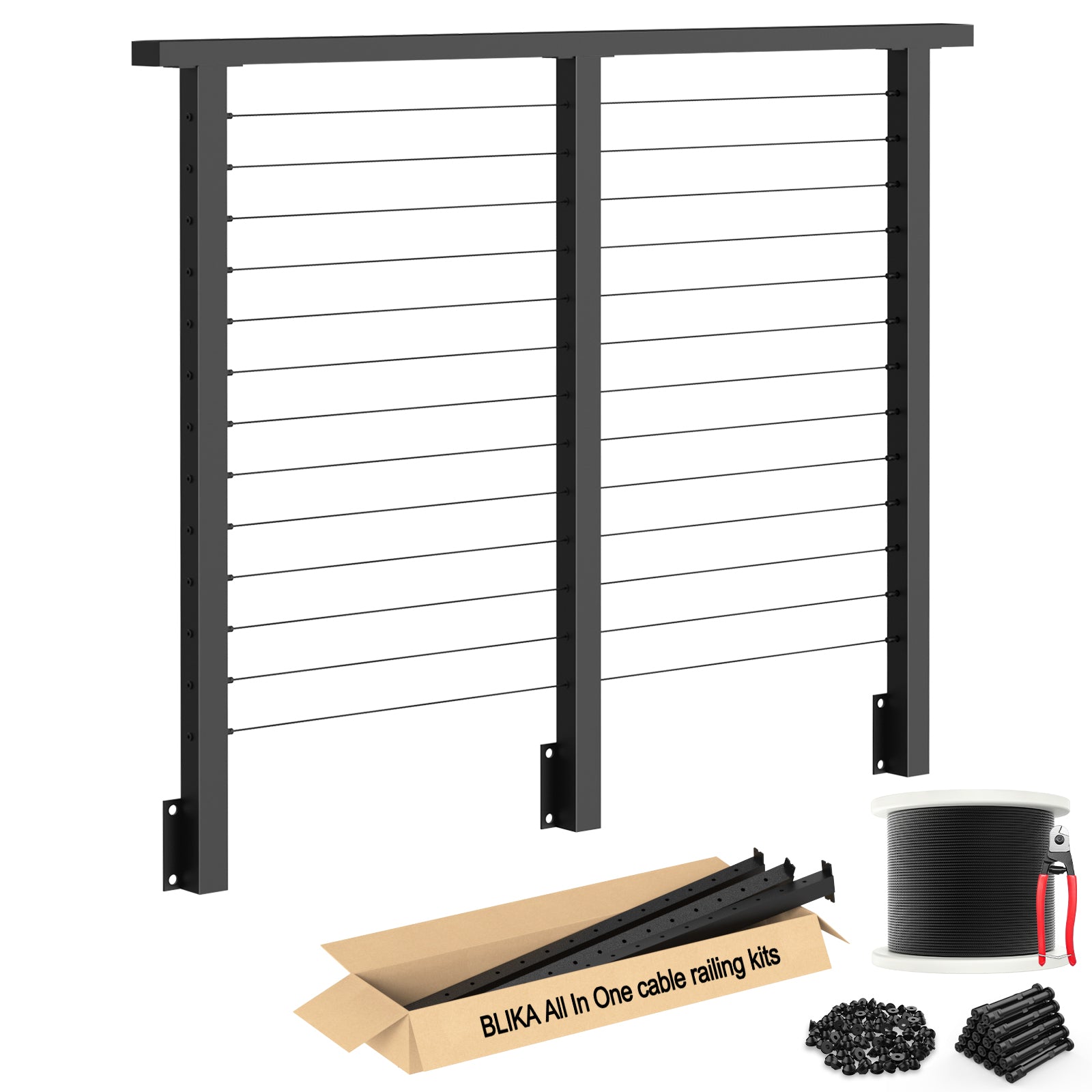 BLIKA 42'' Black Side Mount Cable Railing System DIY Kit (4FT - 20FT, Level Drilled)