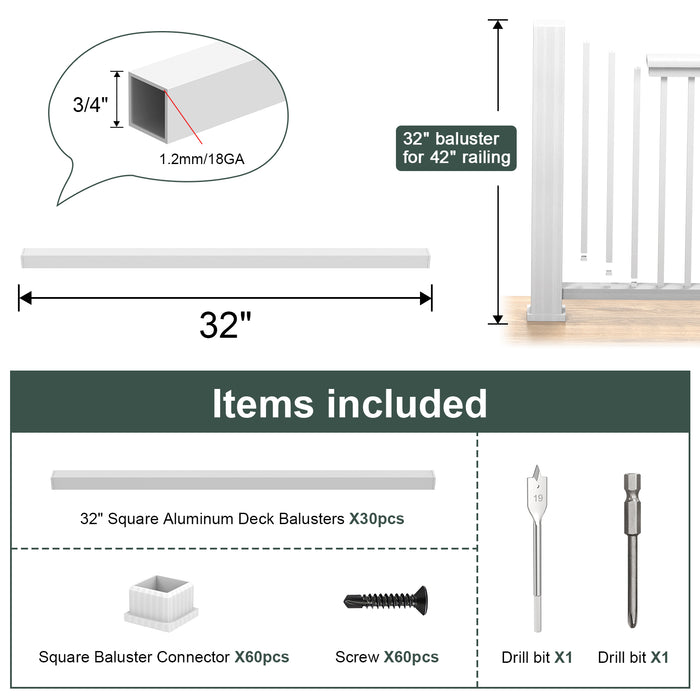BLIKA 26“ 32”  White Square Aluminum Balusters
