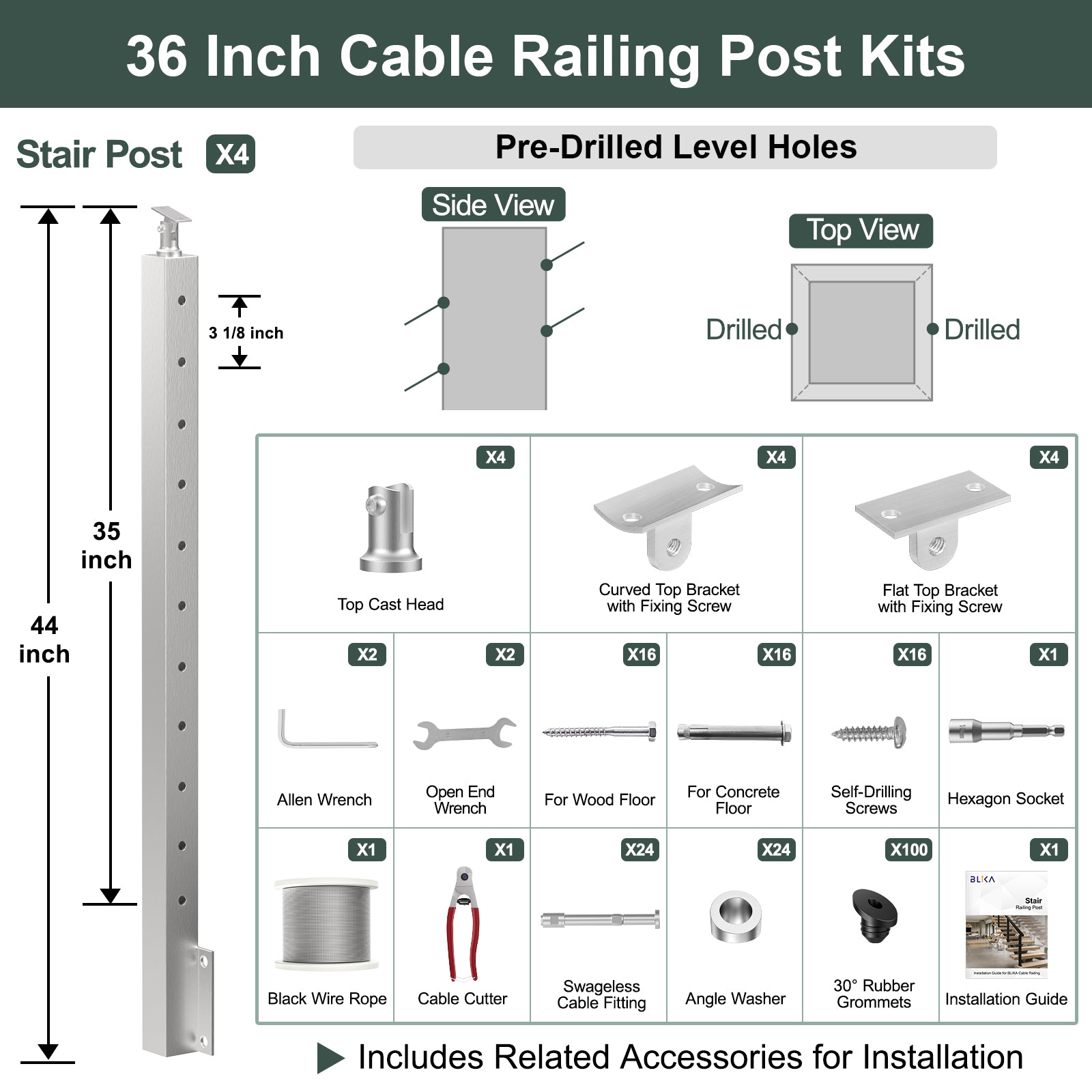 BLIKA 36'' & 42'' Brushed Stainless Steel Side Mount Stair Cable Railing System DIY Kit (4FT - 20FT,  No Handrail)
