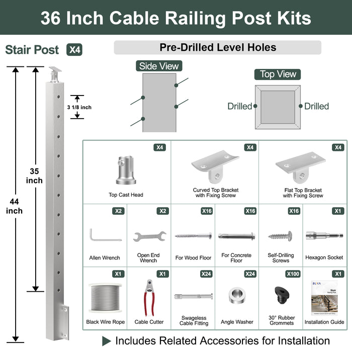 BLIKA 36'' & 42'' Brushed Stainless Steel Side Mount Stair Cable Railing System DIY Kit (4FT - 20FT,  No Handrail)