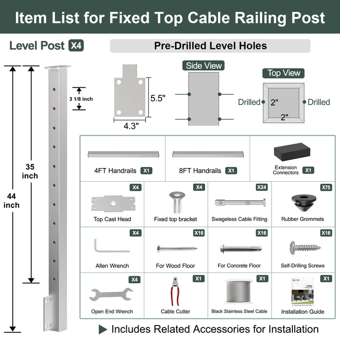 BLIKA 36'' & 42'' Brushed Stainless Steel Side Mount Cable Railing System DIY Kit (4FT - 28FT, Level Drilled)