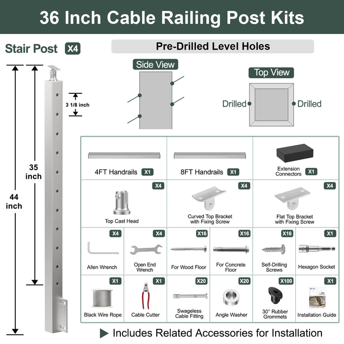 BLIKA 36'' & 42''  Brushed Stainless Steel Side Mount  Stair Cable Railing System DIY Kit (4FT - 20FT, Angled Drilled)