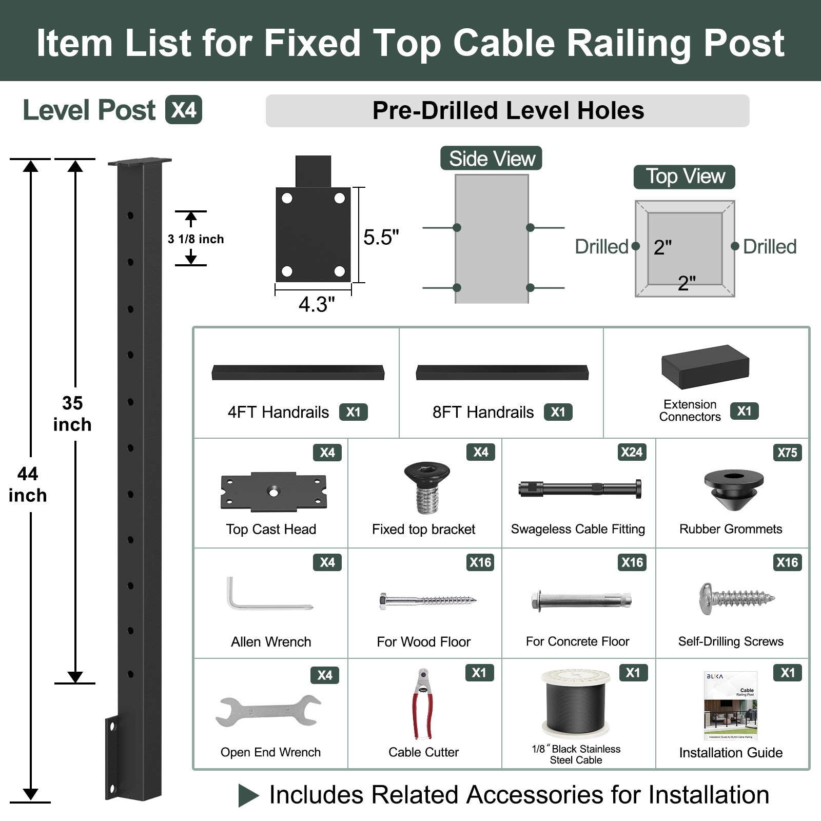 BLIKA 36'' & 42'' Black Side Mount Cable Railing System DIY Kit (4FT - 28FT, Level Drilled) - 1/8