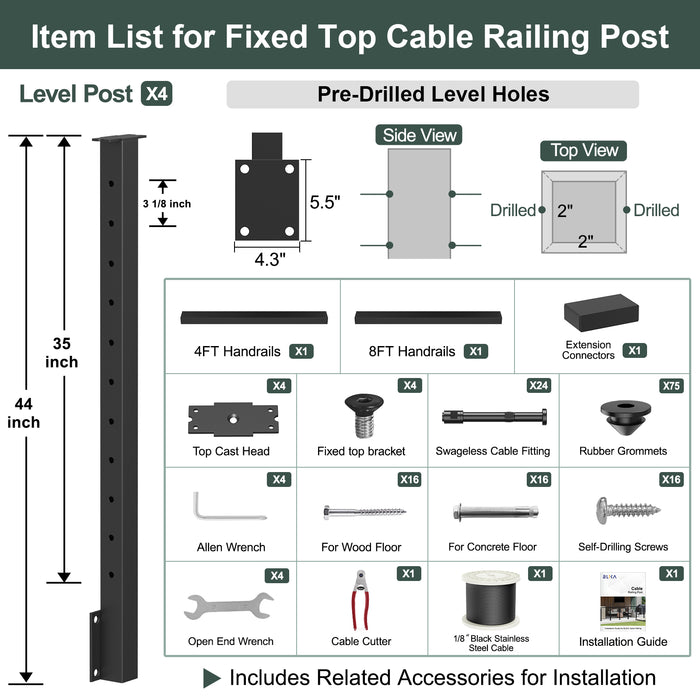 BLIKA 36'' & 42'' Black Side Mount Cable Railing System DIY Kit (4FT - 28FT, Level Drilled) - 1/8" Cable & Hardware