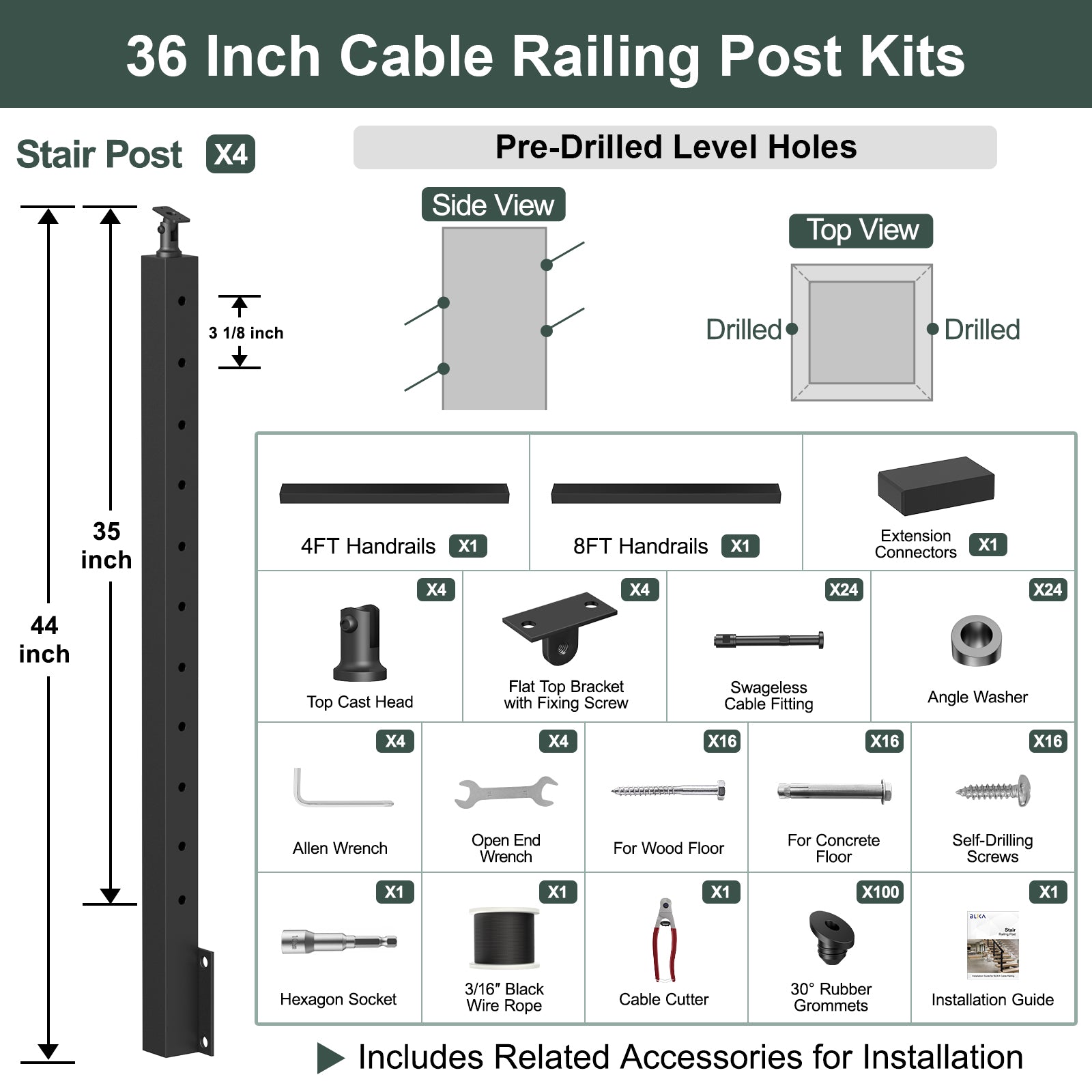 BLIKA 36''& 42''  Black Side Mount  Stair Cable Railing System DIY Kit (4FT - 20FT, Angled Drilled) - 3/16