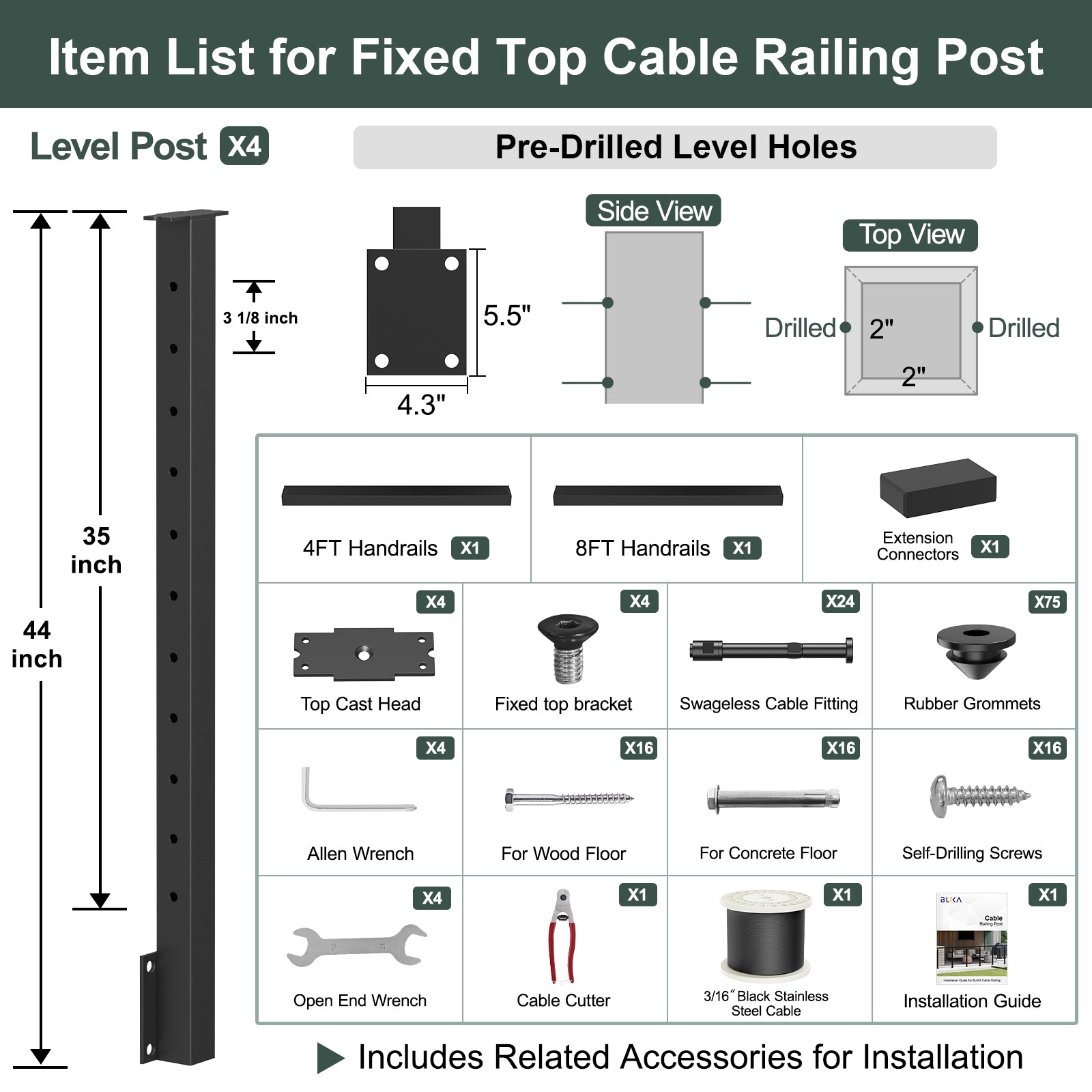 BLIKA 36'' & 42'' Black Side Mount Cable Railing System DIY Kit (4FT - 28FT, Level Drilled) - 3/16