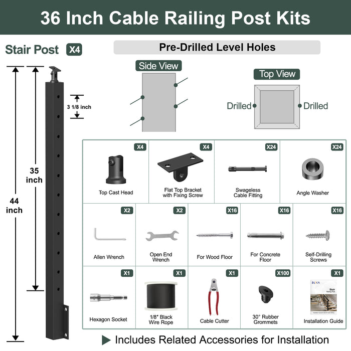 BLIKA 36'' & 42'' Black Side Mount Stair Cable Railing System DIY Kit (4FT - 20FT,  No Handrail) - 1/8" Cable & Hardware