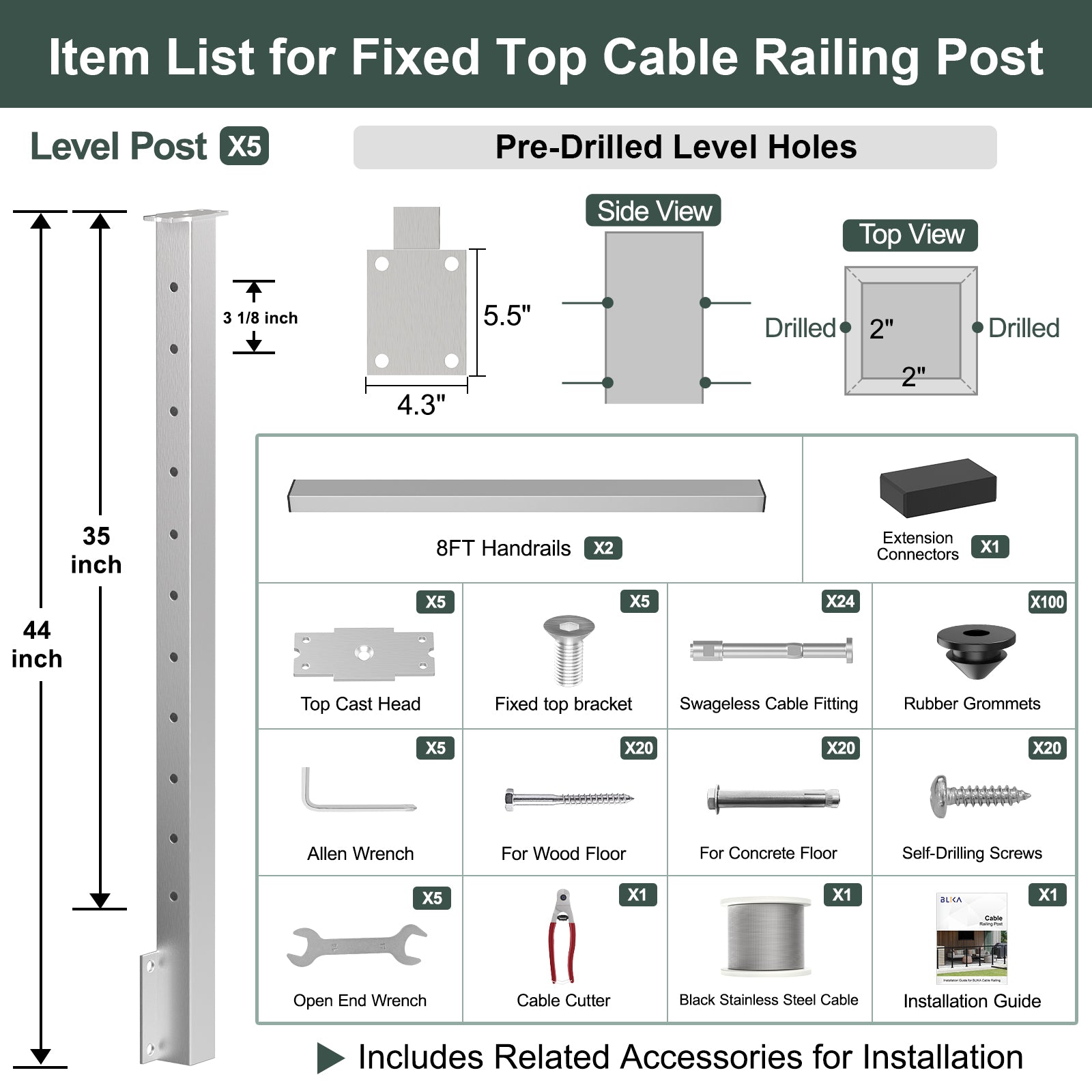 BLIKA 36'' & 42'' Brushed Stainless Steel Side Mount Cable Railing System DIY Kit (4FT - 28FT, Level Drilled)
