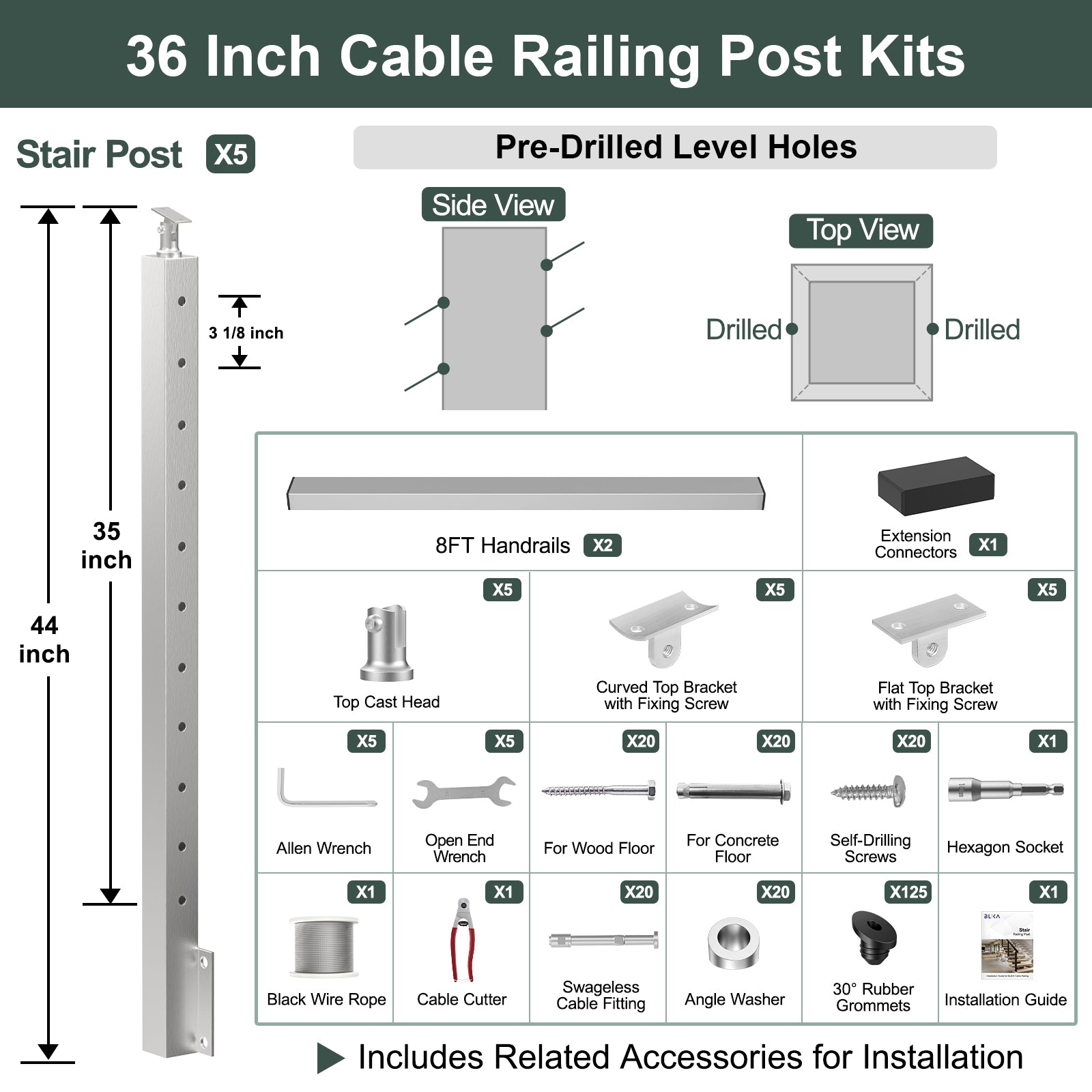BLIKA 36'' & 42''  Brushed Stainless Steel Side Mount  Stair Cable Railing System DIY Kit (4FT - 20FT, Angled Drilled)