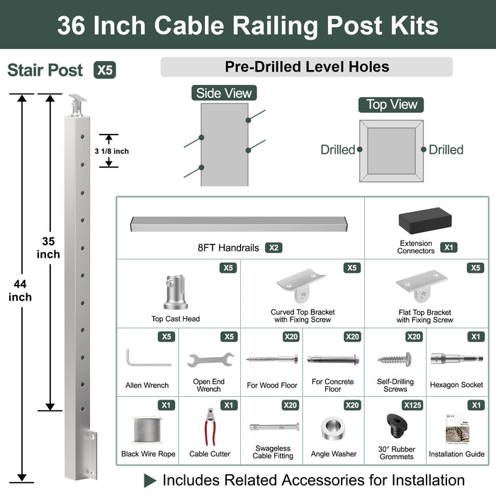 BLIKA 36'' & 42''  Brushed Stainless Steel Side Mount  Stair Cable Railing System DIY Kit (4FT - 20FT, Angled Drilled)