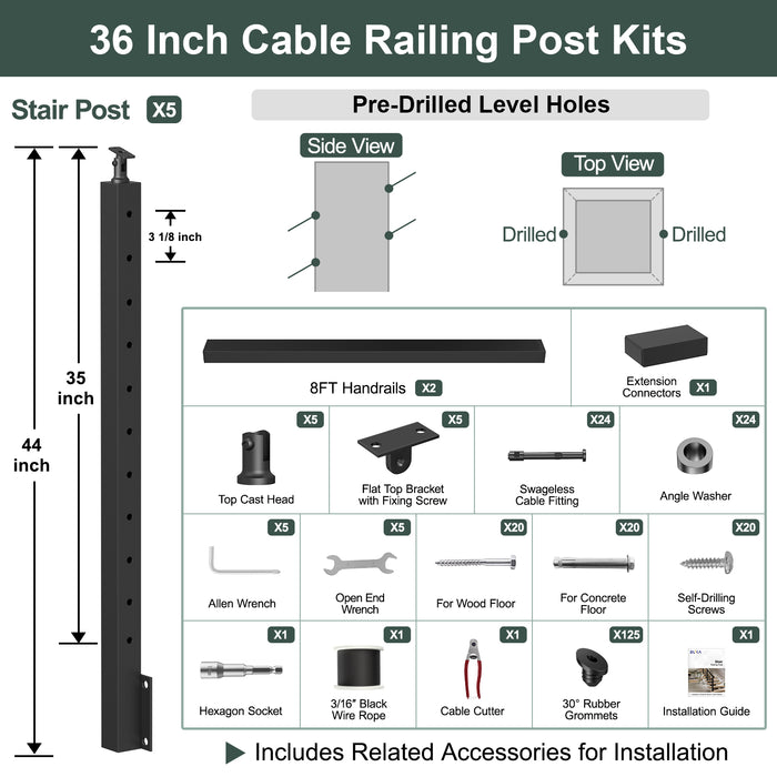 BLIKA 36''& 42''  Black Side Mount  Stair Cable Railing System DIY Kit (4FT - 20FT, Angled Drilled) - 3/16" Cable & Hardware