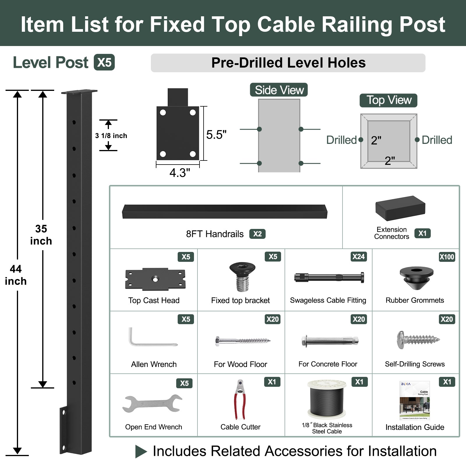 BLIKA 36'' & 42'' Black Side Mount Cable Railing System DIY Kit (4FT - 28FT, Level Drilled) - 1/8