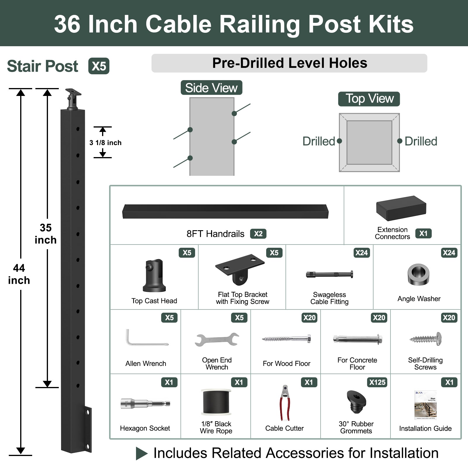 BLIKA 36''& 42''  Black Side Mount  Stair Cable Railing System DIY Kit (4FT - 20FT, Angled Drilled) - 1/8