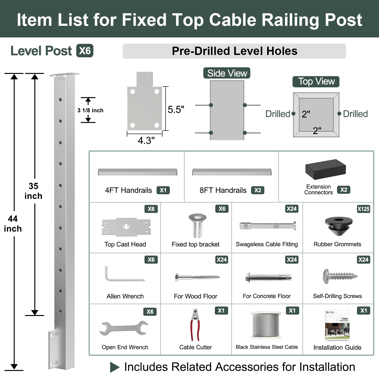 BLIKA 36'' & 42'' Brushed Stainless Steel Side Mount Cable Railing System DIY Kit (4FT - 28FT, Level Drilled)