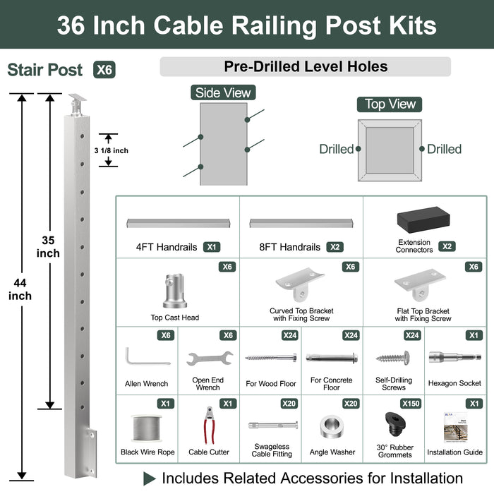 BLIKA 36'' & 42''  Brushed Stainless Steel Side Mount  Stair Cable Railing System DIY Kit (4FT - 20FT, Angled Drilled)
