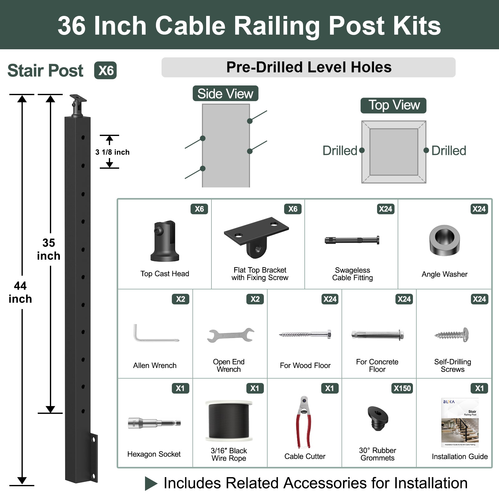 BLIKA 36'' & 42'' Black Side Mount Stair Cable Railing System DIY Kit (4FT - 20FT,  No Handrail) - 3/16