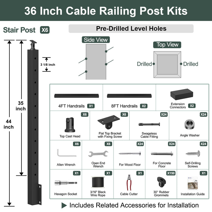 BLIKA 36''& 42''  Black Side Mount  Stair Cable Railing System DIY Kit (4FT - 20FT, Angled Drilled) - 3/16" Cable & Hardware