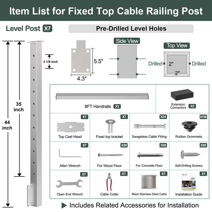BLIKA 36'' & 42'' Brushed Stainless Steel Side Mount Cable Railing System DIY Kit (4FT - 28FT, Level Drilled)
