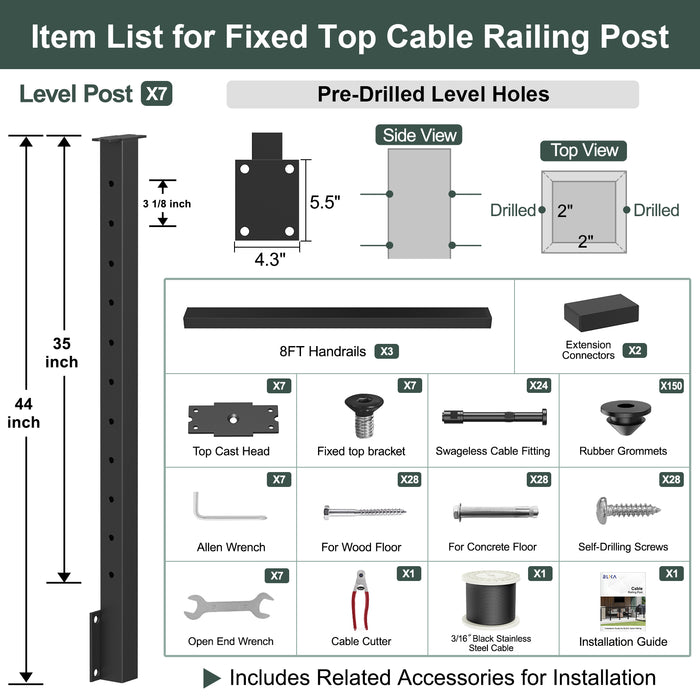 BLIKA 36'' & 42'' Black Side Mount Cable Railing System DIY Kit (4FT - 28FT, Level Drilled) - 3/16" Cable & Hardware