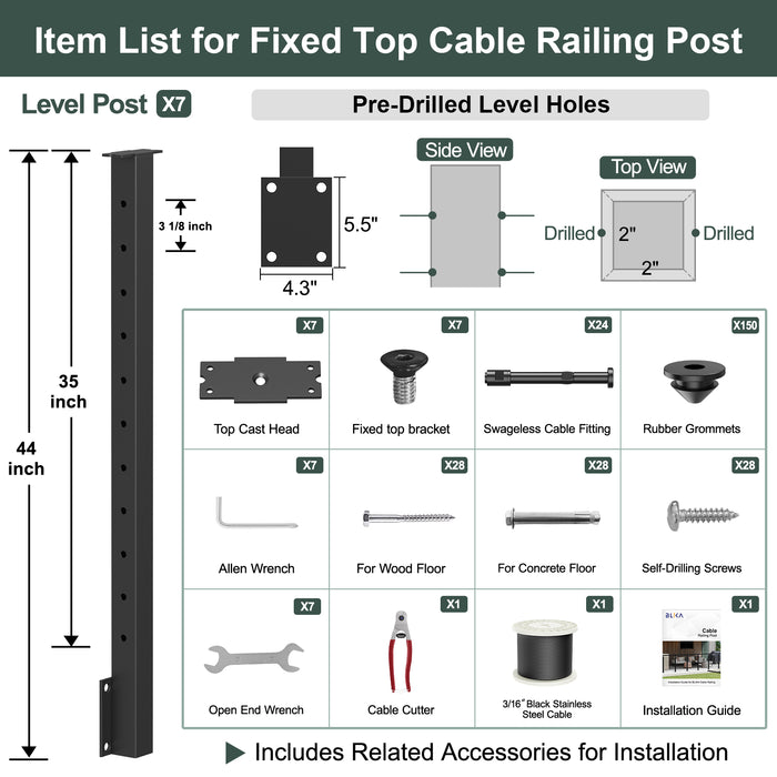BLIKA  36'' & 42'' Black Side Mount Cable Railing System DIY Kit (4FT - 28FT,  No Handrail) - 3/16" Cable & Hardware