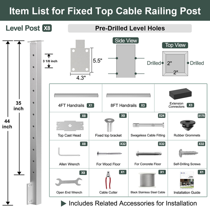 BLIKA 36'' & 42'' Brushed Stainless Steel Side Mount Cable Railing System DIY Kit (4FT - 28FT, Level Drilled)
