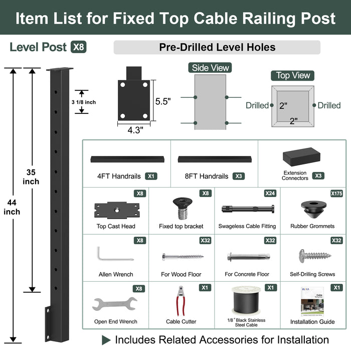 BLIKA 36'' & 42'' Black Side Mount Cable Railing System DIY Kit (4FT - 28FT, Level Drilled) - 1/8" Cable & Hardware