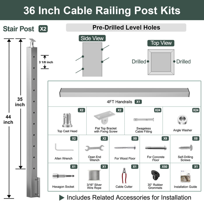BLIKA 36'' & 42''  Brushed Stainless Steel Side Mount  Stair Cable Railing System DIY Kit (4FT - 20FT, Angled Drilled) - 3/16" Cable & Hardware