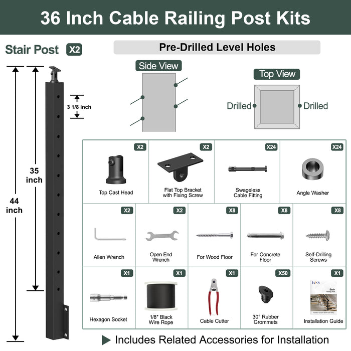 BLIKA 36'' & 42'' Black Side Mount Stair Cable Railing System DIY Kit (4FT - 20FT,  No Handrail) - 1/8" Cable & Hardware