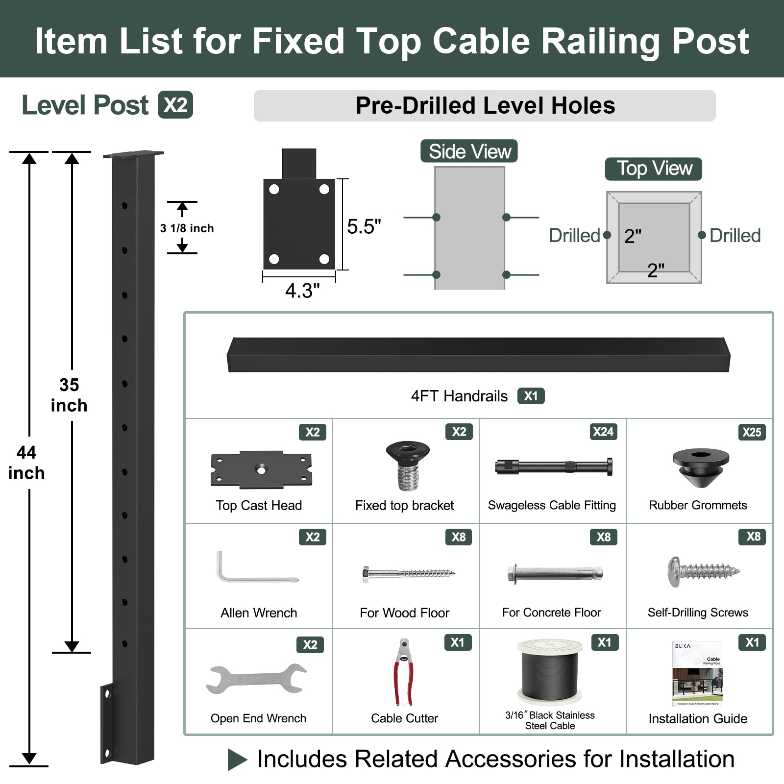 BLIKA 36'' & 42'' Black Side Mount Cable Railing System DIY Kit (4FT - 28FT, Level Drilled) - 3/16