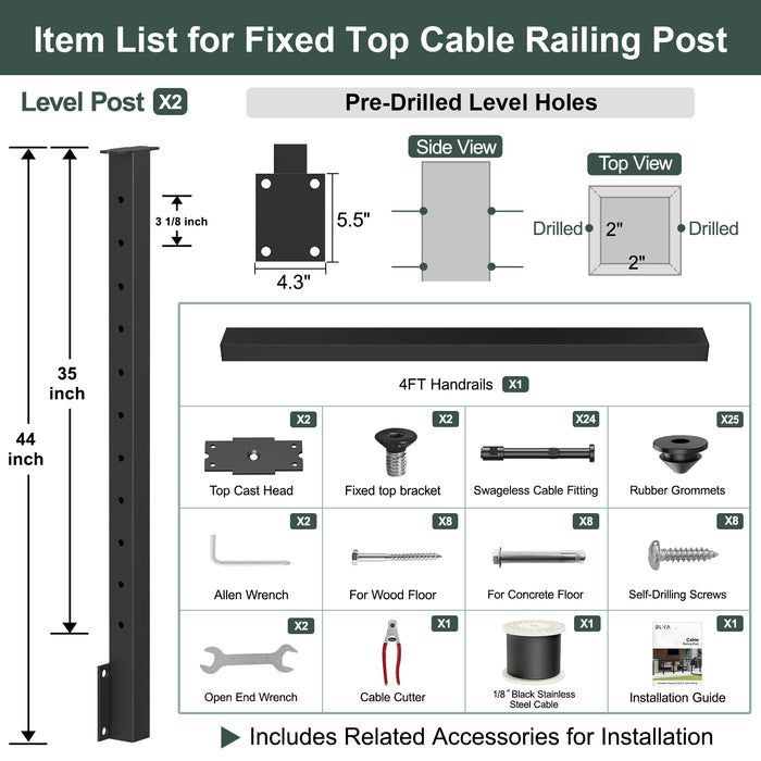 BLIKA 36'' & 42'' Black Side Mount Cable Railing System DIY Kit (4FT - 28FT, Level Drilled) - 1/8" Cable & Hardware