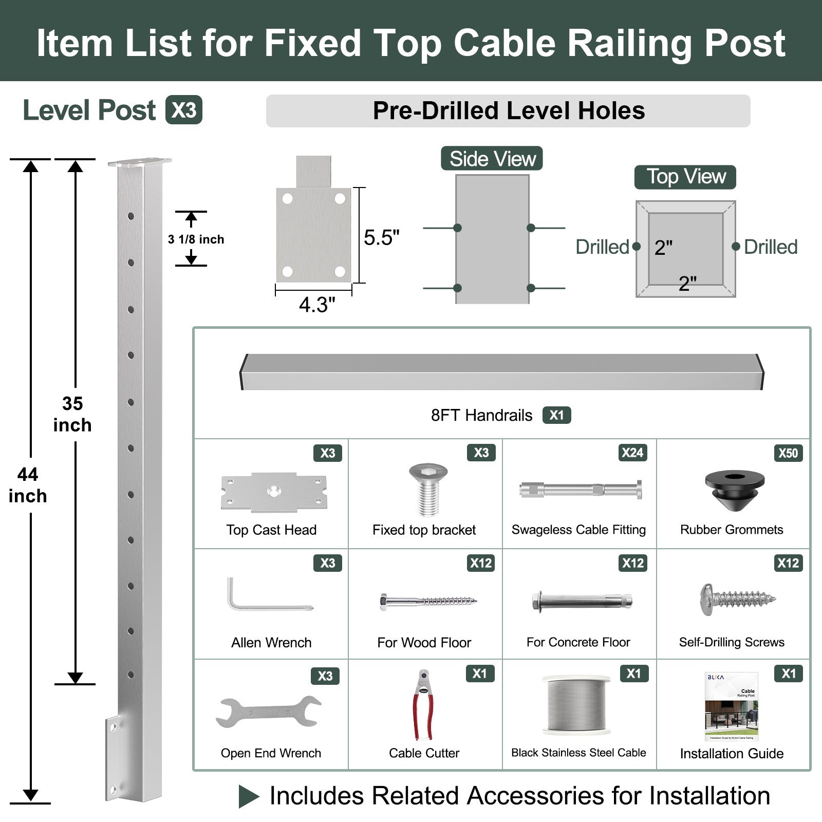 BLIKA 36'' & 42'' Brushed Stainless Steel Side Mount Cable Railing System DIY Kit (4FT - 28FT, Level Drilled)