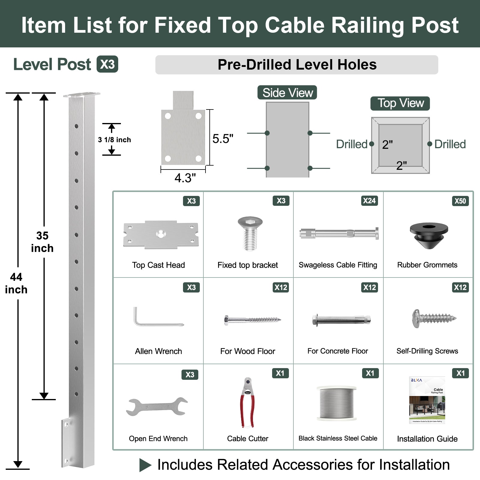 BLIKA 36'' & 42'' Brushed Stainless Steel Side Mount Cable Railing System DIY Kit (4FT - 20FT,  No Handrail)