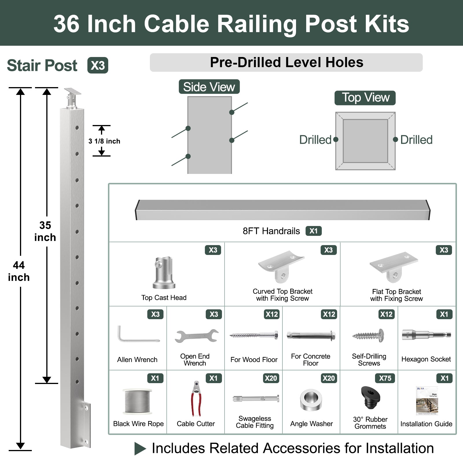 BLIKA 36'' & 42''  Brushed Stainless Steel Side Mount  Stair Cable Railing System DIY Kit (4FT - 20FT, Angled Drilled)