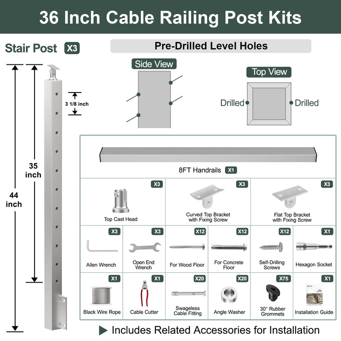 BLIKA 36'' & 42''  Brushed Stainless Steel Side Mount  Stair Cable Railing System DIY Kit (4FT - 20FT, Angled Drilled)