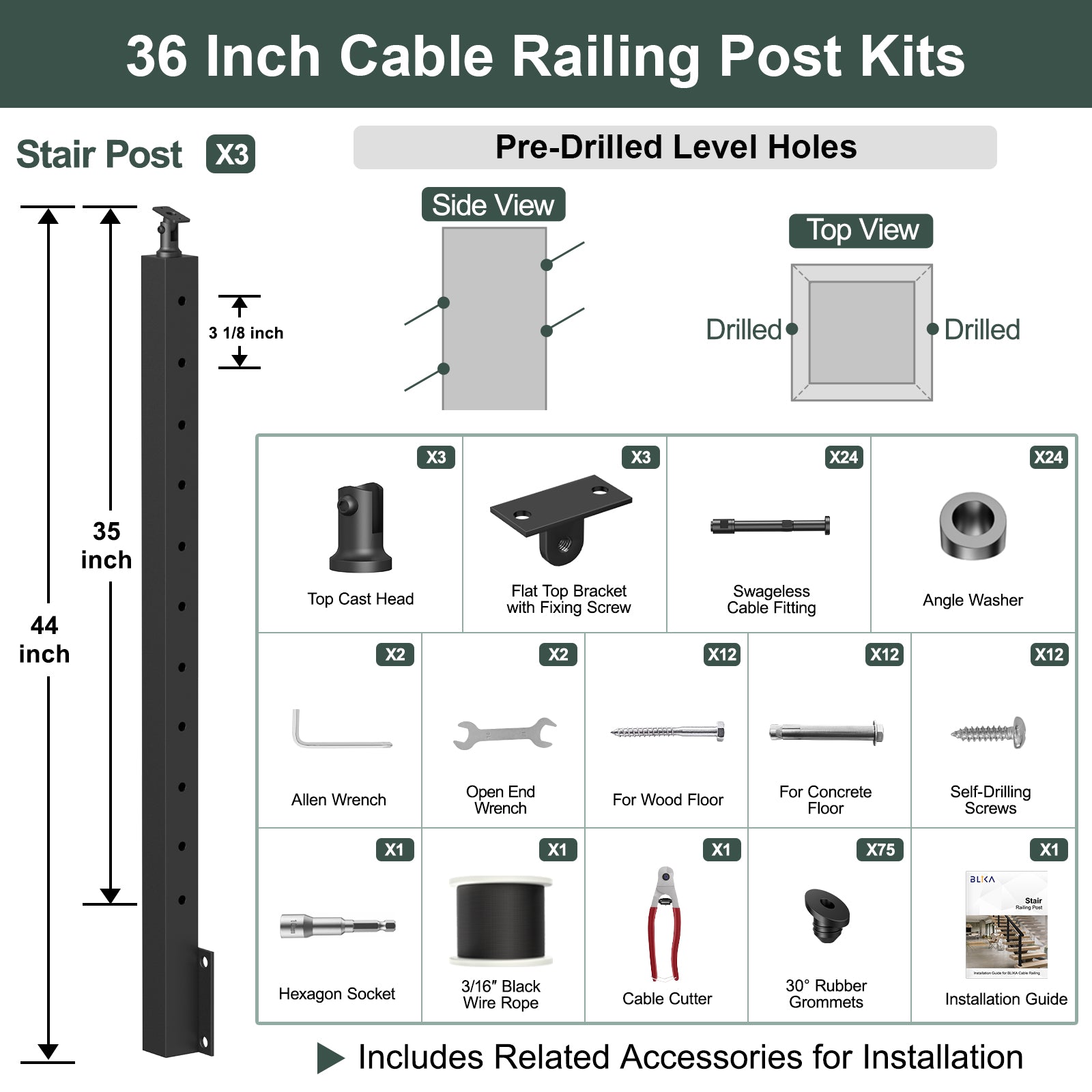 BLIKA 36'' & 42'' Black Side Mount Stair Cable Railing System DIY Kit (4FT - 20FT,  No Handrail) - 3/16