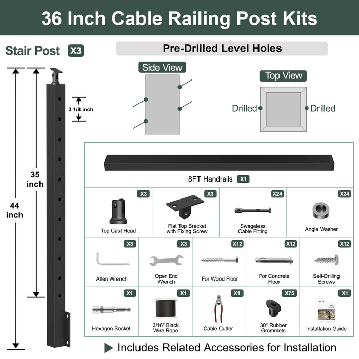 BLIKA 36''& 42''  Black Side Mount  Stair Cable Railing System DIY Kit (4FT - 20FT, Angled Drilled) - 3/16" Cable & Hardware