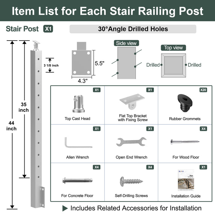 BLIKA 36" Brushed Stainless Steel Angle Drilled Side Mount Post