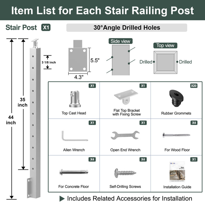 BLIKA 36" Brushed Stainless Steel Angle Drilled Side Mount Post