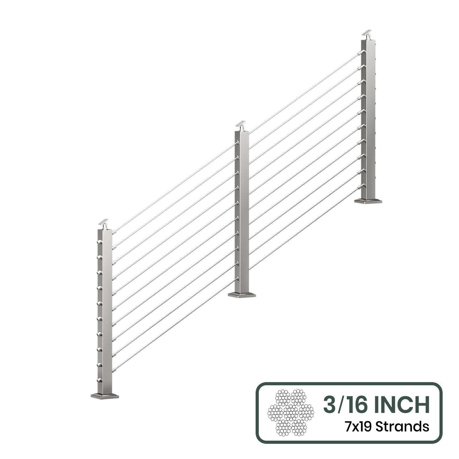 BLIKA 36'' & 42''  Brushed Stainless Steel Surface Mount Stair Cable Railing System DIY Kit (4FT - 20FT, Angled Drilled, No Handrail) - 3/16