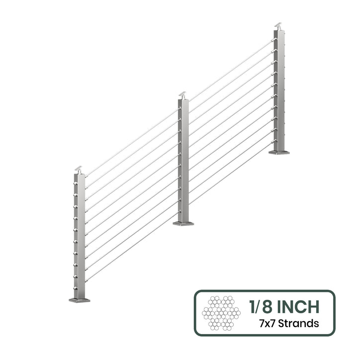 BLIKA 36'' & 42''  Brushed Stainless Steel Surface Mount Stair Cable Railing System DIY Kit (4FT - 20FT, Angled Drilled, No Handrail) - 1/8" Cable & Hardware