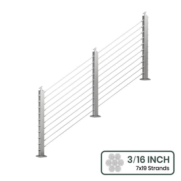 BLIKA 36'' & 42''  Brushed Stainless Steel Surface Mount Stair Cable Railing System DIY Kit (4FT - 20FT, Angled Drilled, No Handrail) - 3/16" Cable & Hardware